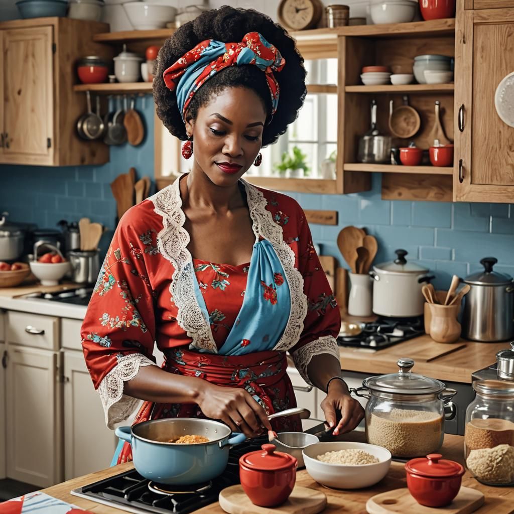 Woman Cooking with Baby, Detailed Matte Painting