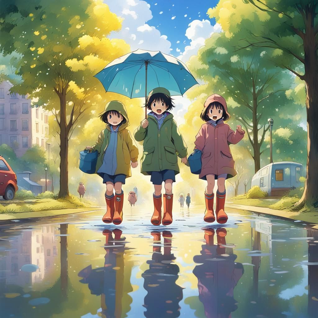 Toddlers Jumping in Puddles, Studio Ghibli Style