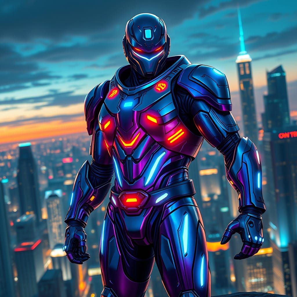 Futuristic Heroic Figure in Cyberpunk Cityscape