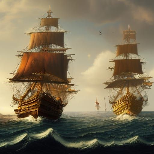 Pirate Ship on the Open Sea: Detailed Matte Painting