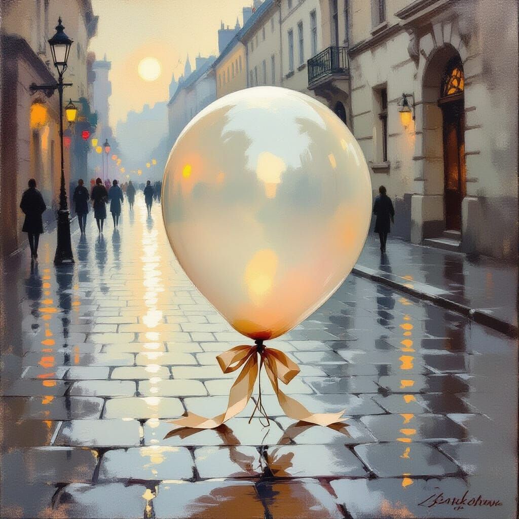 Translucent Balloon on Cobblestone Street: Atmospheric Paint...