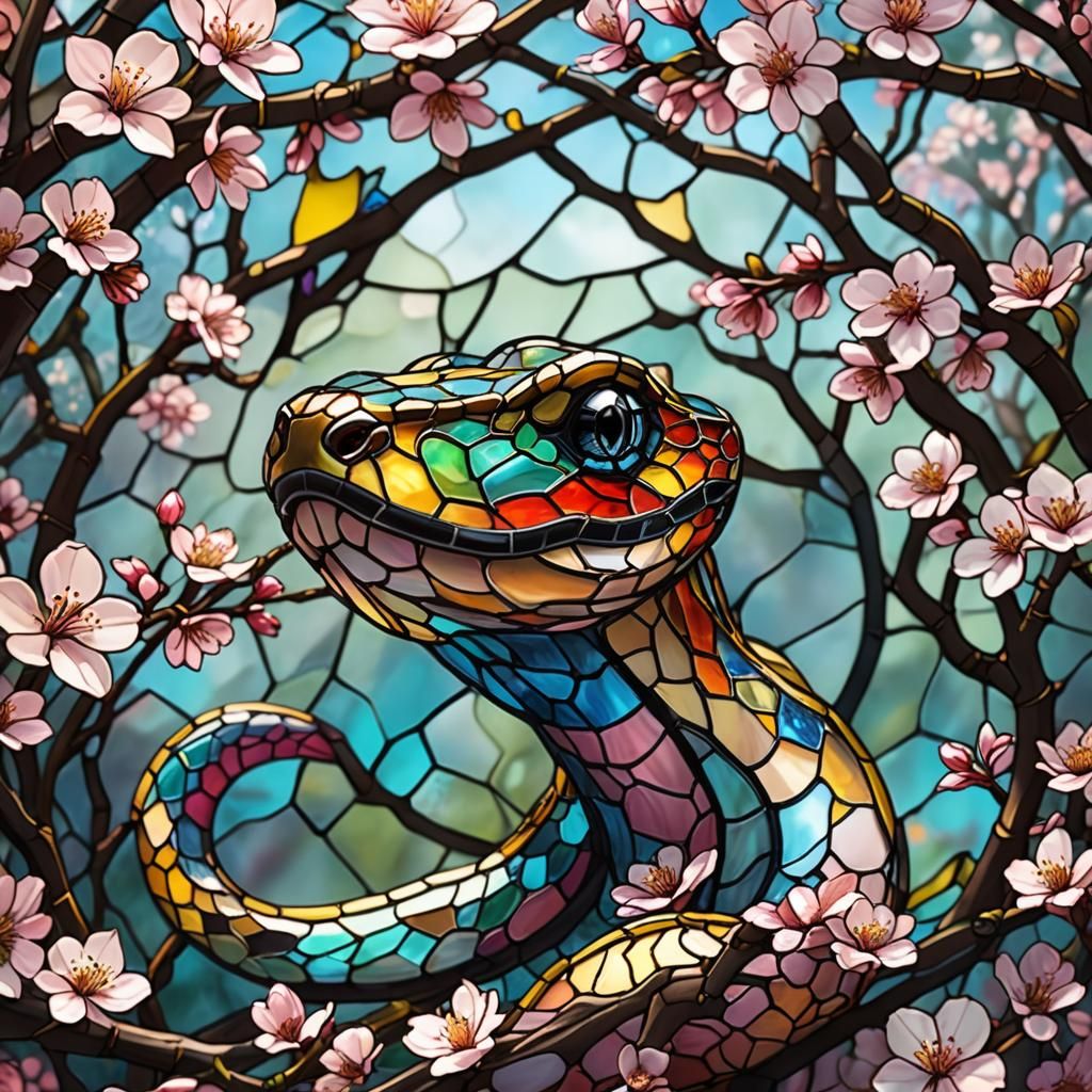 Stained Glass Snake Among Cherry Blossoms