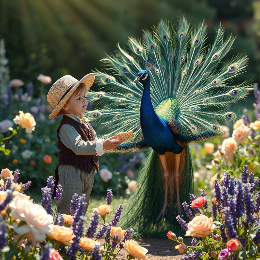 Boy Feeds Peacock in Impressionistic Garden