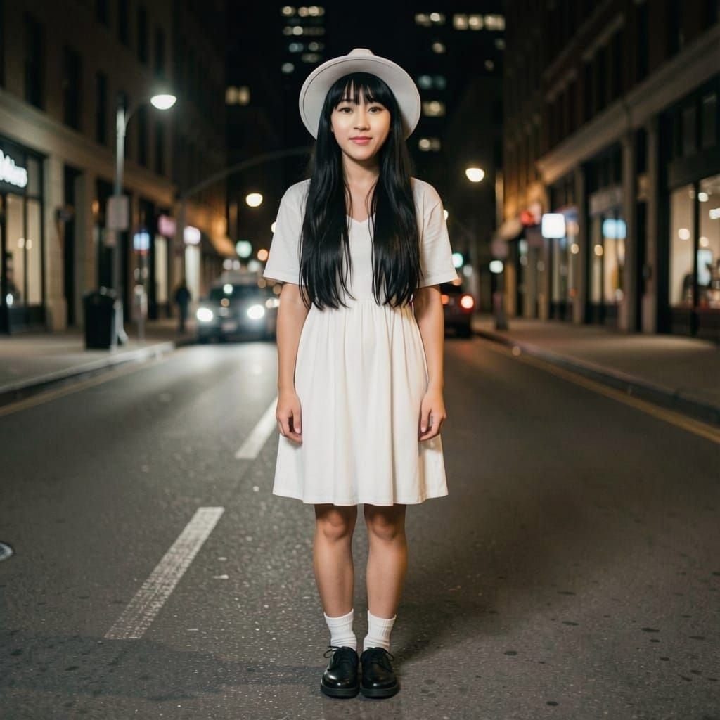 Young Woman in White Hat Smiling Outdoors at Night