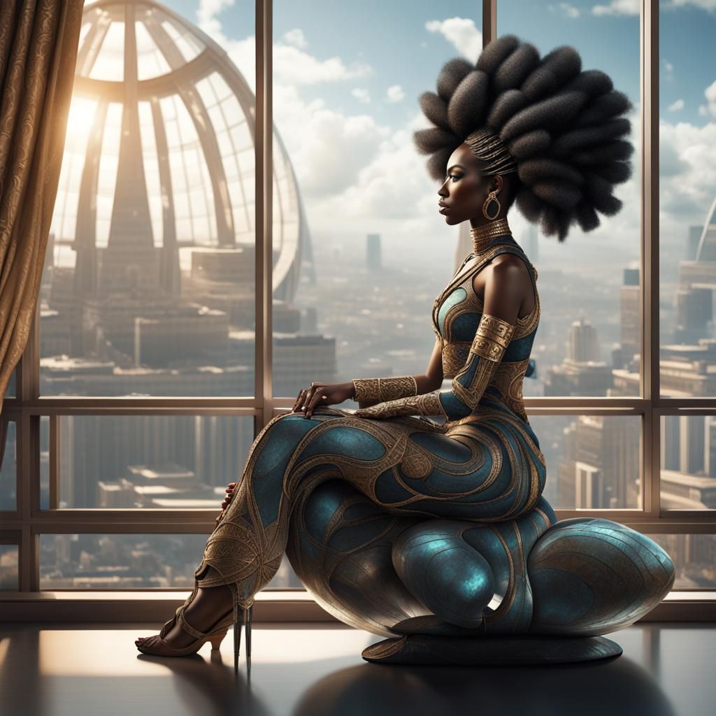 Celestial Ebony Goddess in Afrofuturistic Style