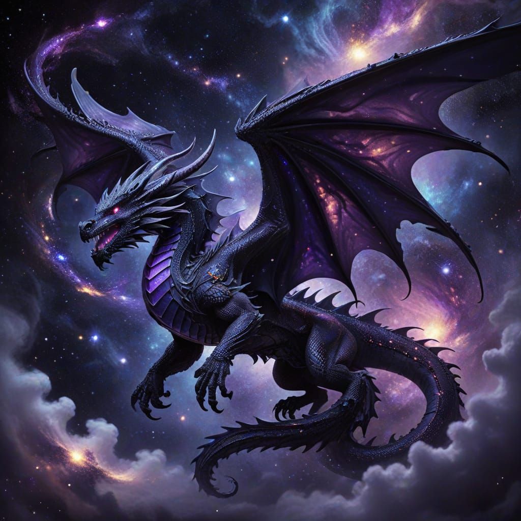 Obsidian Dragon Soaring Through Stardust Galaxy