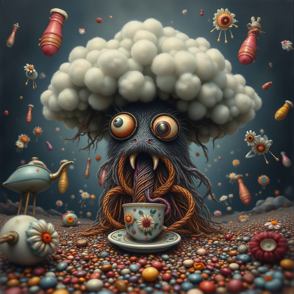 Whimsical Yarn Creature Knits Storm Cloud in Surreal Landsca...
