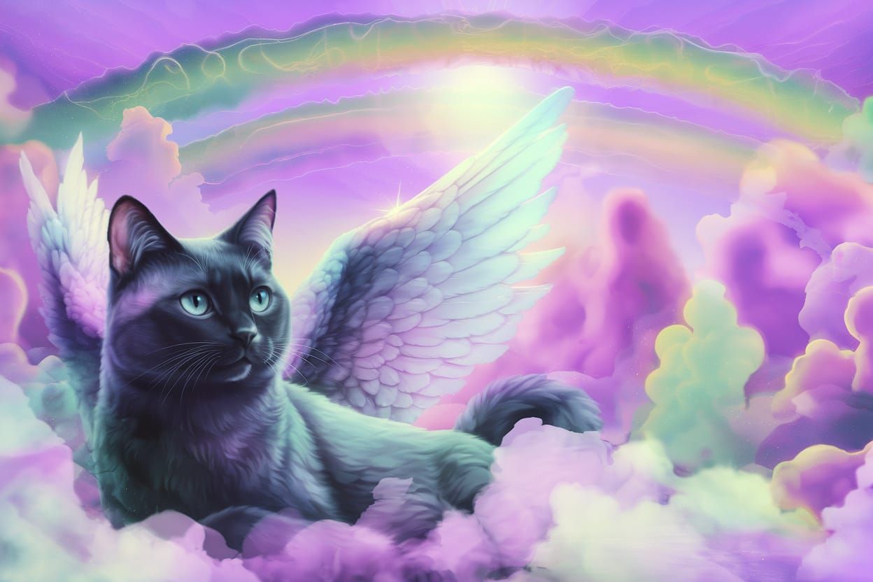 Watercolor Black Cat with Angel Wings in Pastel Sky