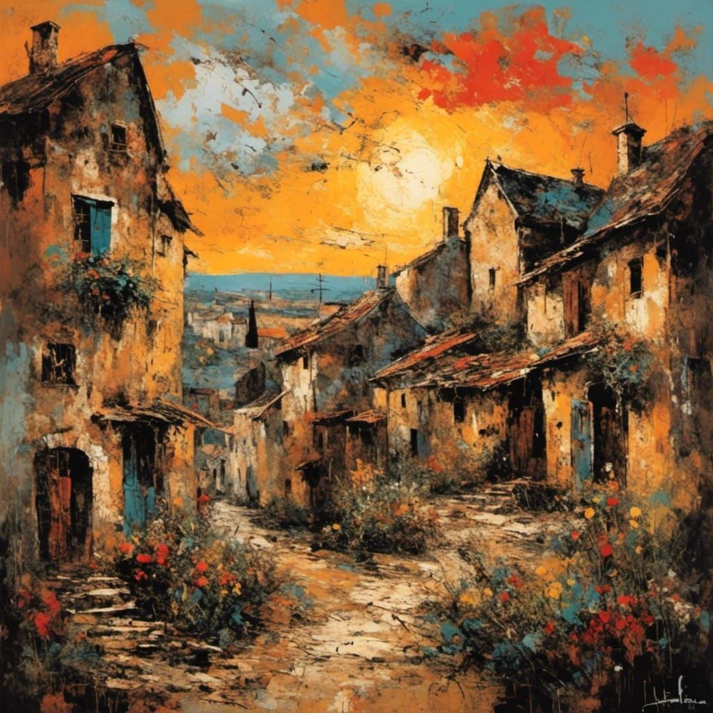 Neo-Expressionist Sunset Over Medieval Village