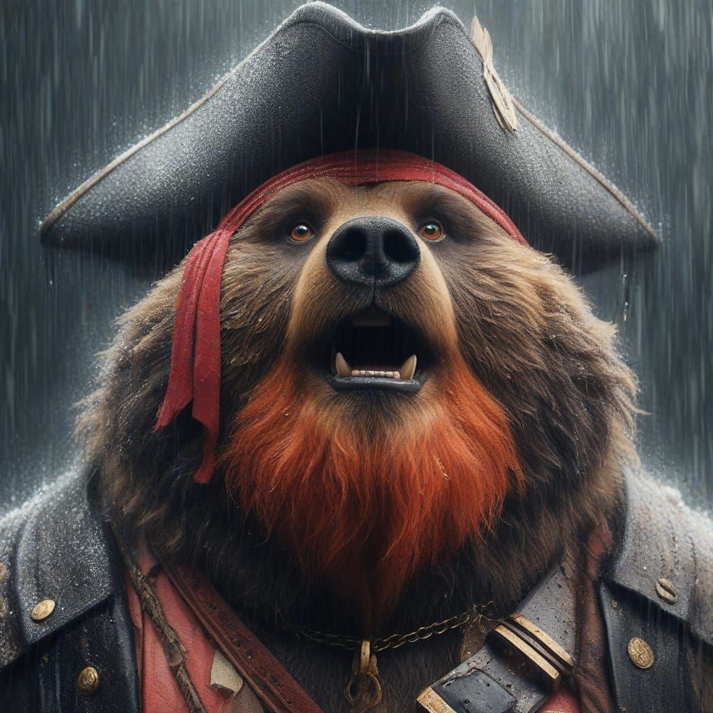 Happy Obese Kodiak Bear-Pirate in Heavy Metal Style