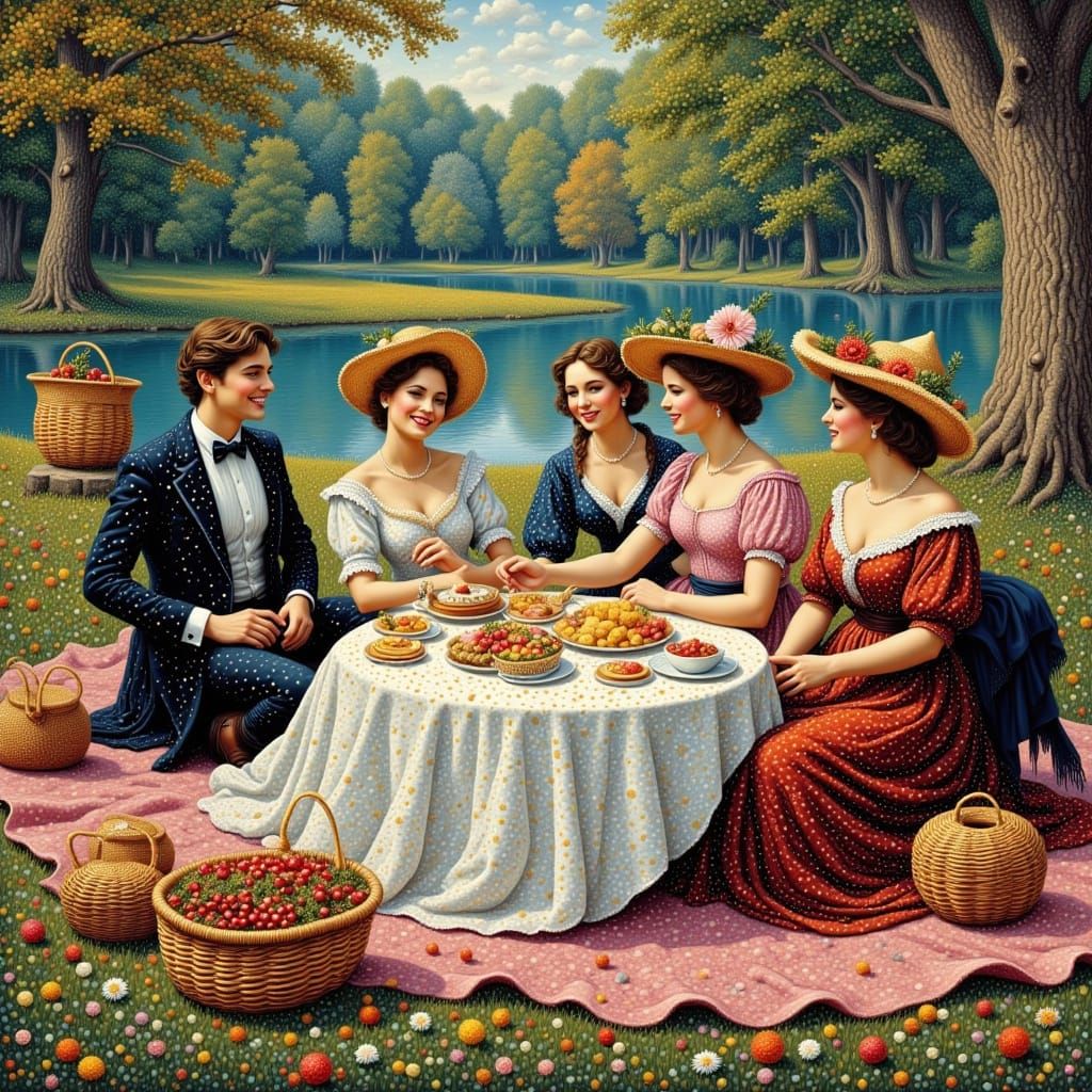 Victorian Picnic Scene in Dreamy Pointillist Style