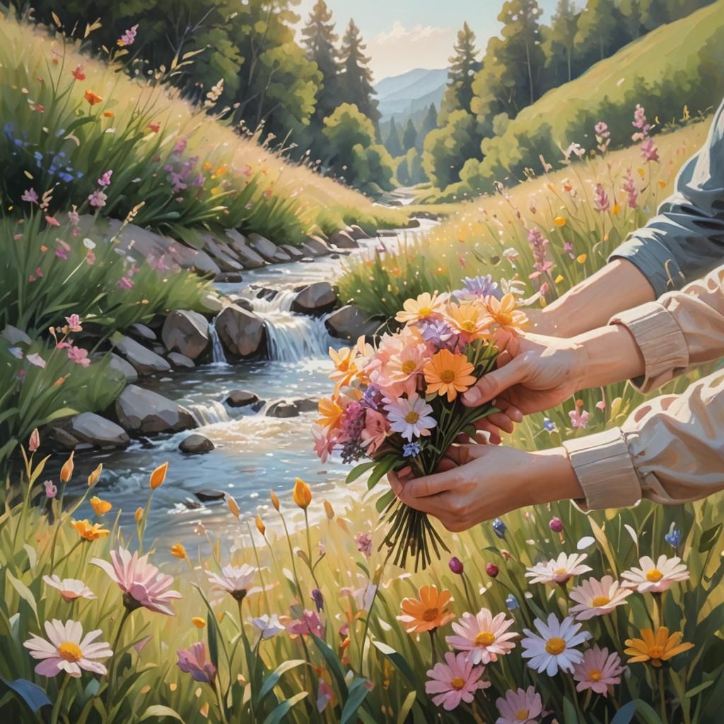 Floral Bouquet in Sunny Meadow, Splash Art Style