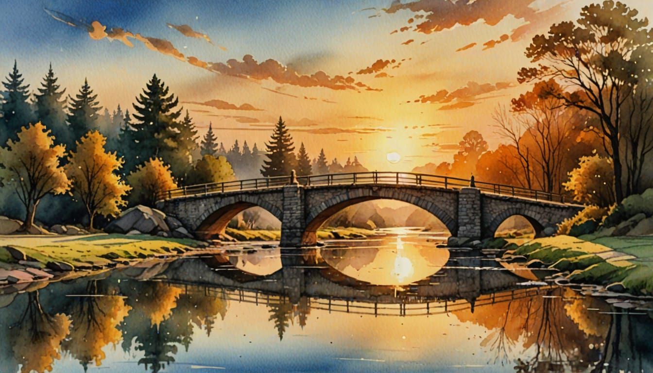 Epic Watercolor Bridge at Golden Hour