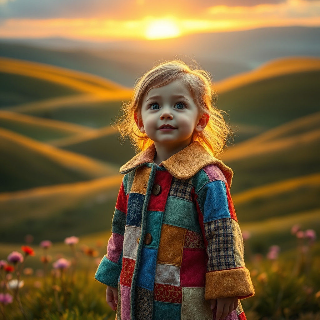 Girl in Patchwork Coat in Whimsical Landscape