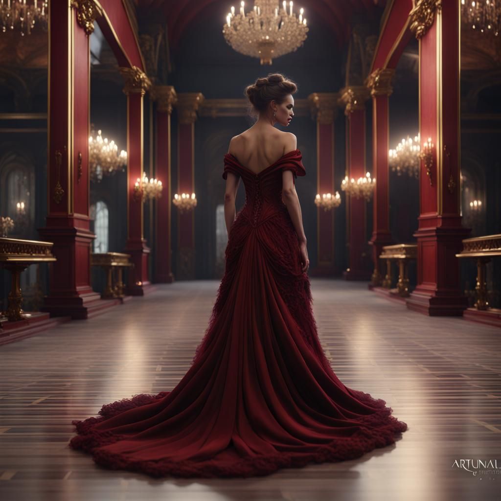 Elegant Dark Red Ballroom Gown in Detailed Matte Painting