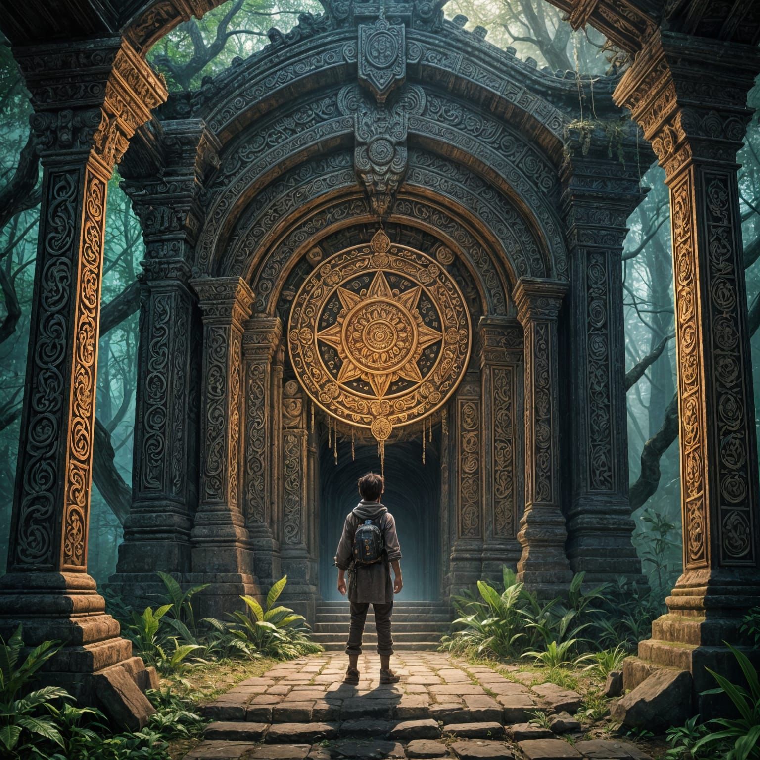 Ancient Temple Amidst Tropical Jungle, with a Boy Reaching f...