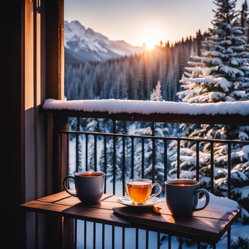Hot Tea on Balcony Overlooking Winter Wonderland