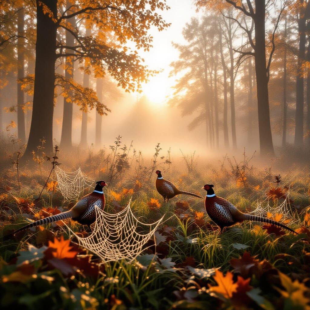 Misty Autumn Forest Morning with Sparkling Dewy Spiderwebs