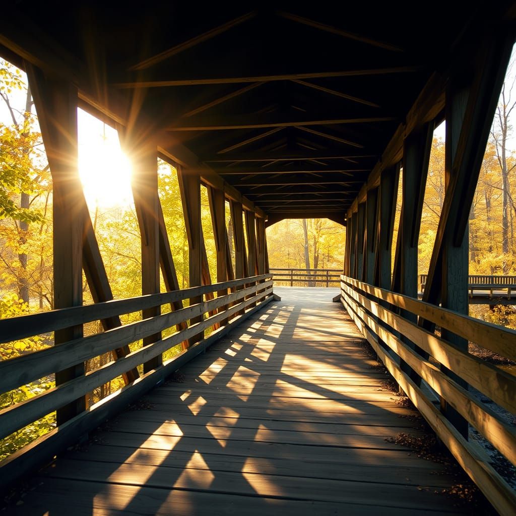 Serenely Lit Covered Bridge in Euharlee, GA, Landscape Photo...