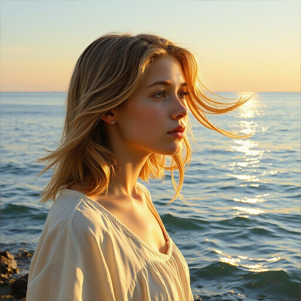Young Girl Gazing at Serene Ocean Sunset in Impressionistic ...