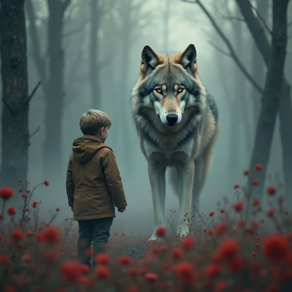 Wolf and Boy in Ethereal Fog, as a Dreamlike Landscape