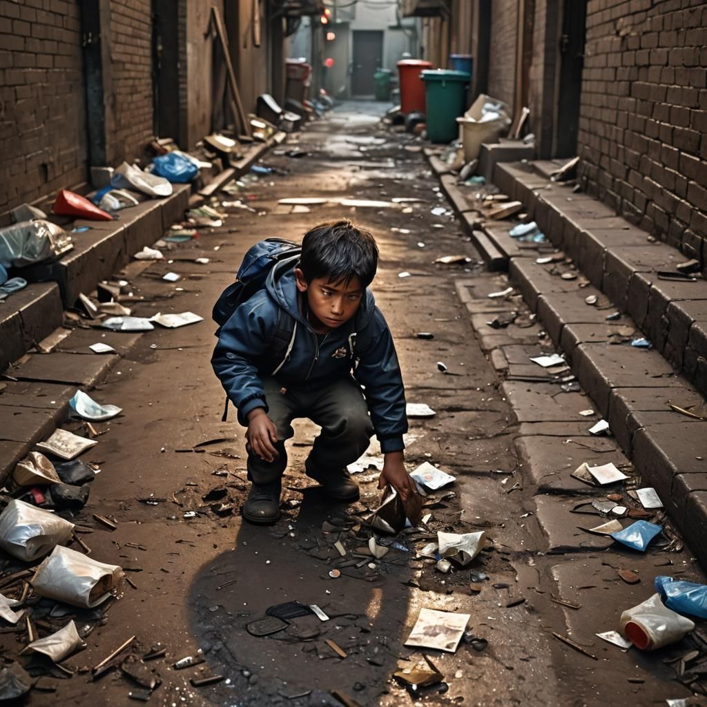 Hyperrealistic Image of Child in Dark Alleyway