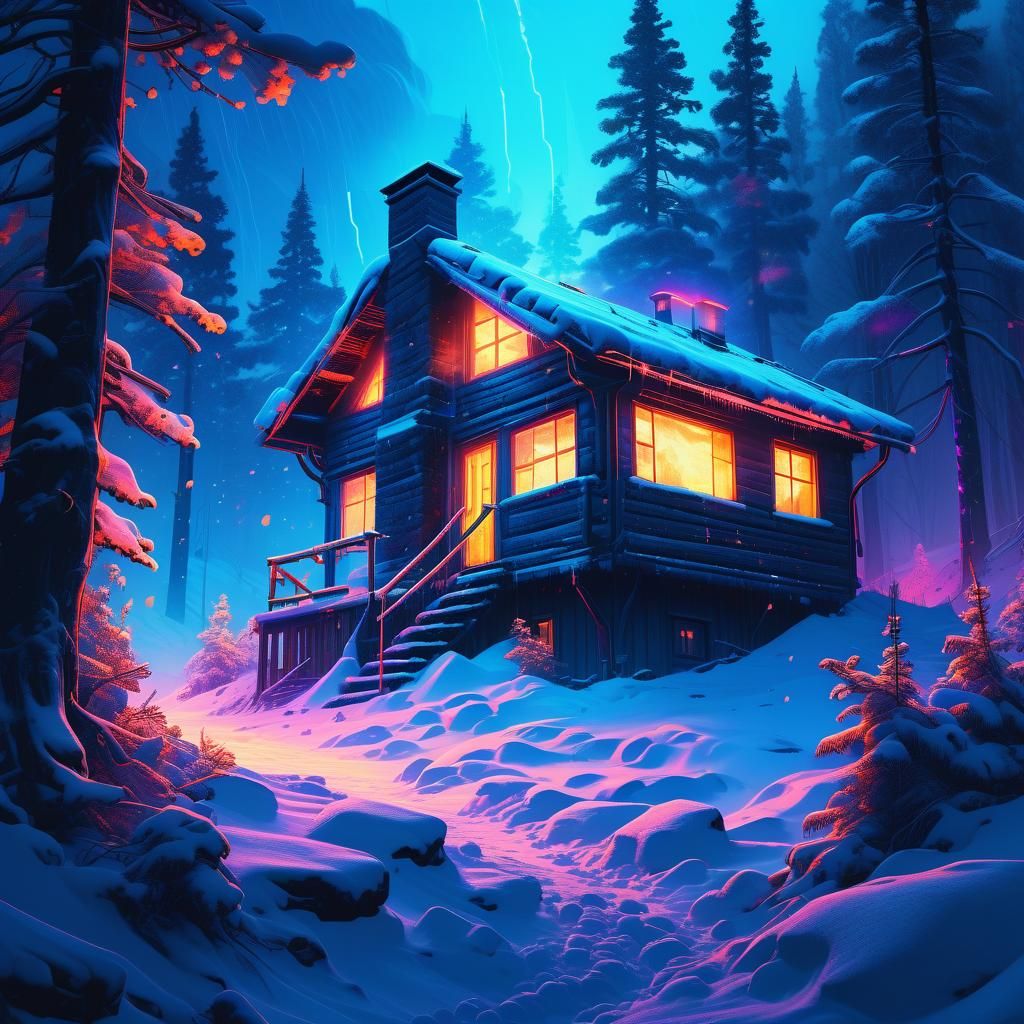 Cyberpunk Snowed-In Hut with Neon Lights