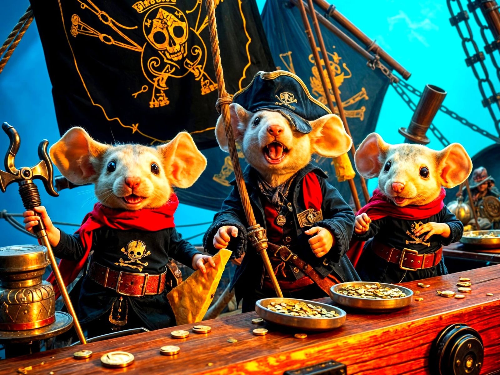 Humorous Mice Pirates Counting Booty on Deck