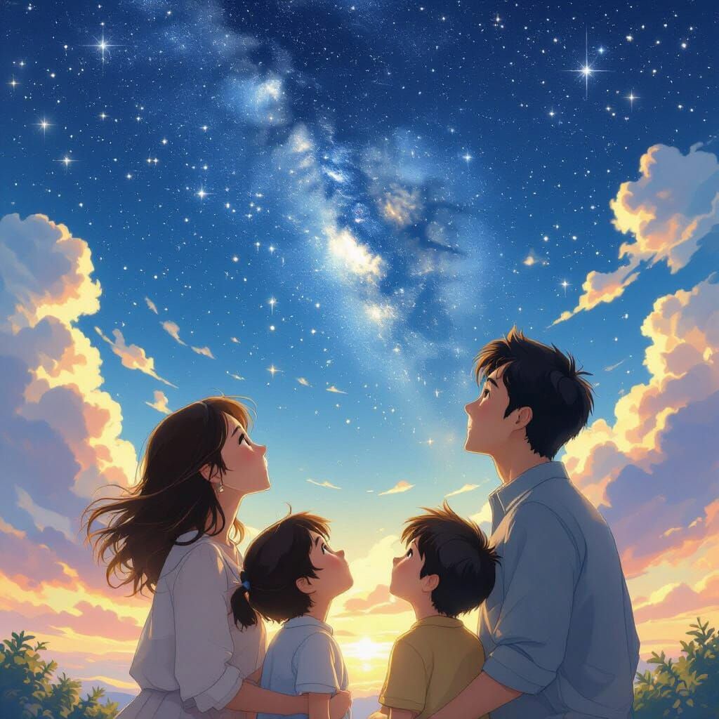Family Gaze at Starry Sky in Dreamlike Landscape