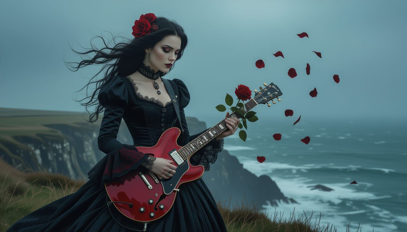 Victorian Vampire on Cliff with Electric Guitar in Dark Roma...