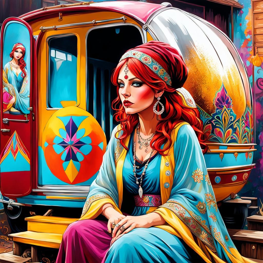 Red Haired Gypsy Scrying in Graffiti Art Style