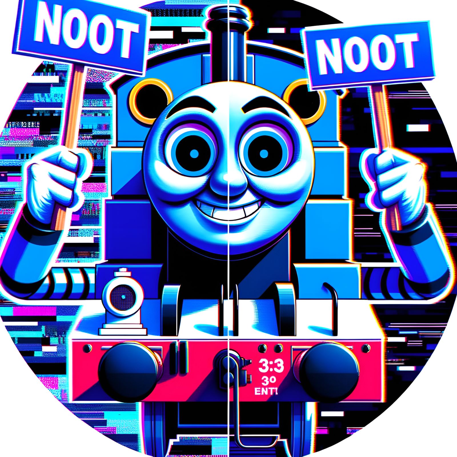 Menacing Thomas the Tank Engine in Glitchcore Style