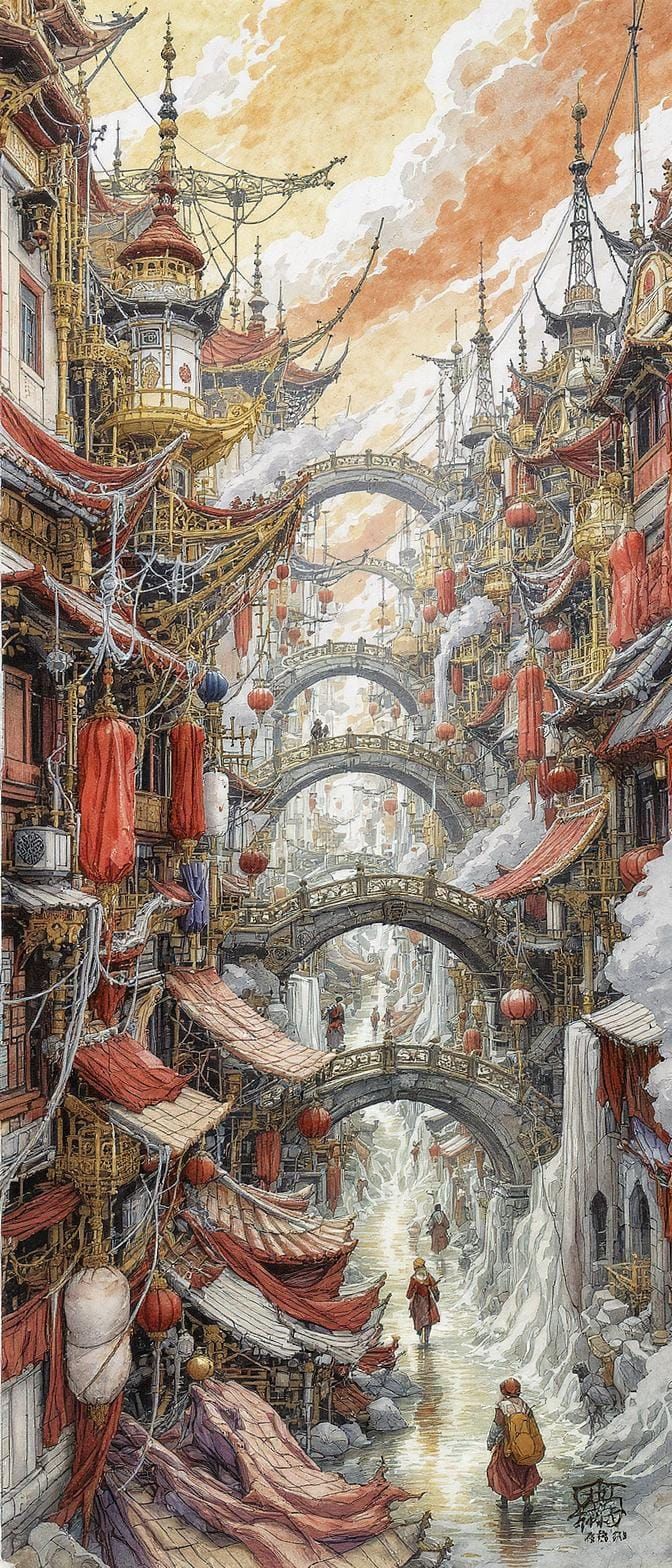 Kowloon Inspired Steampunk City in Ink and Watercolor