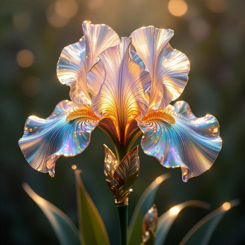 Bearded Iris Sculpture in Iridescent Glass and Gold