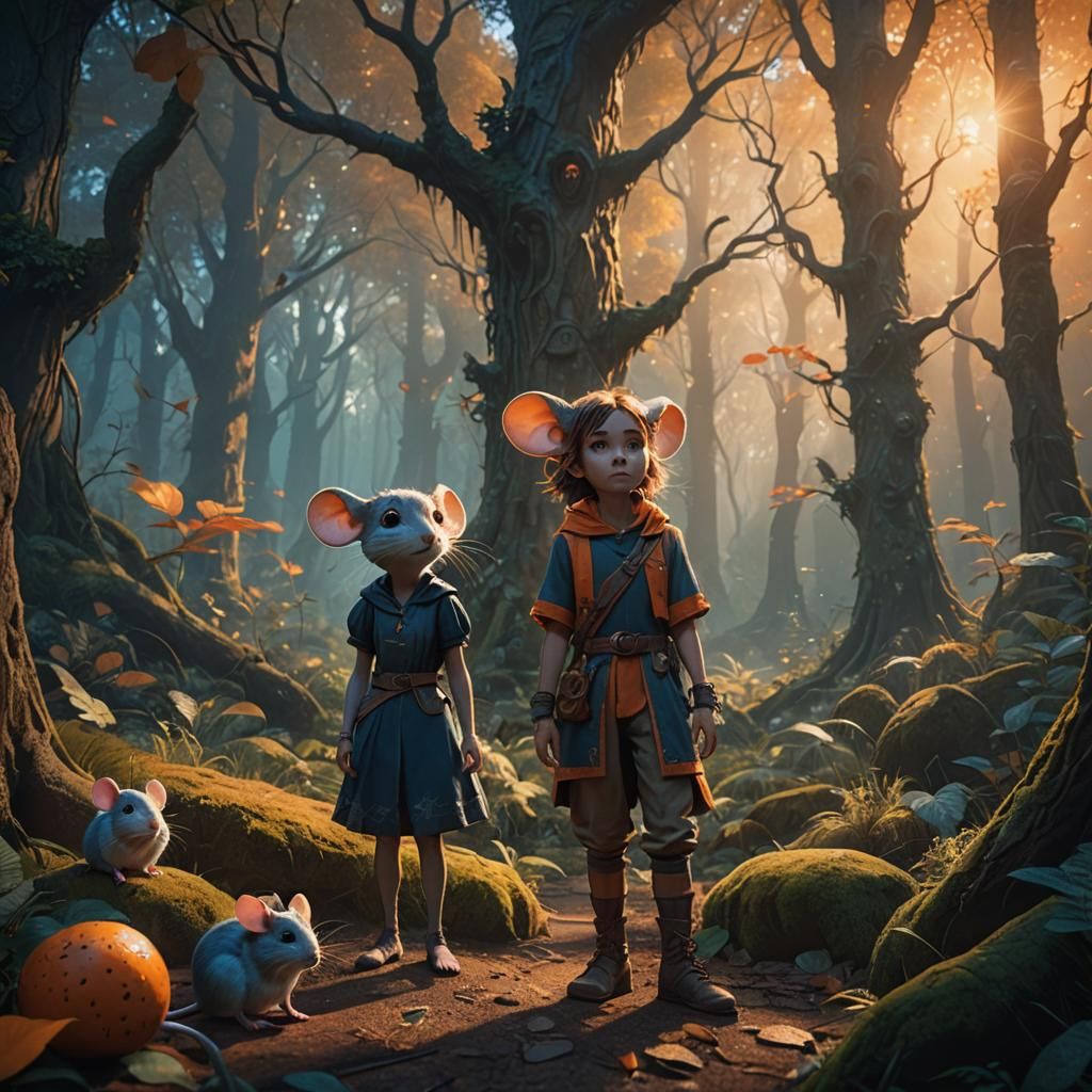 Mystical Forest Scene with Children and Mouse