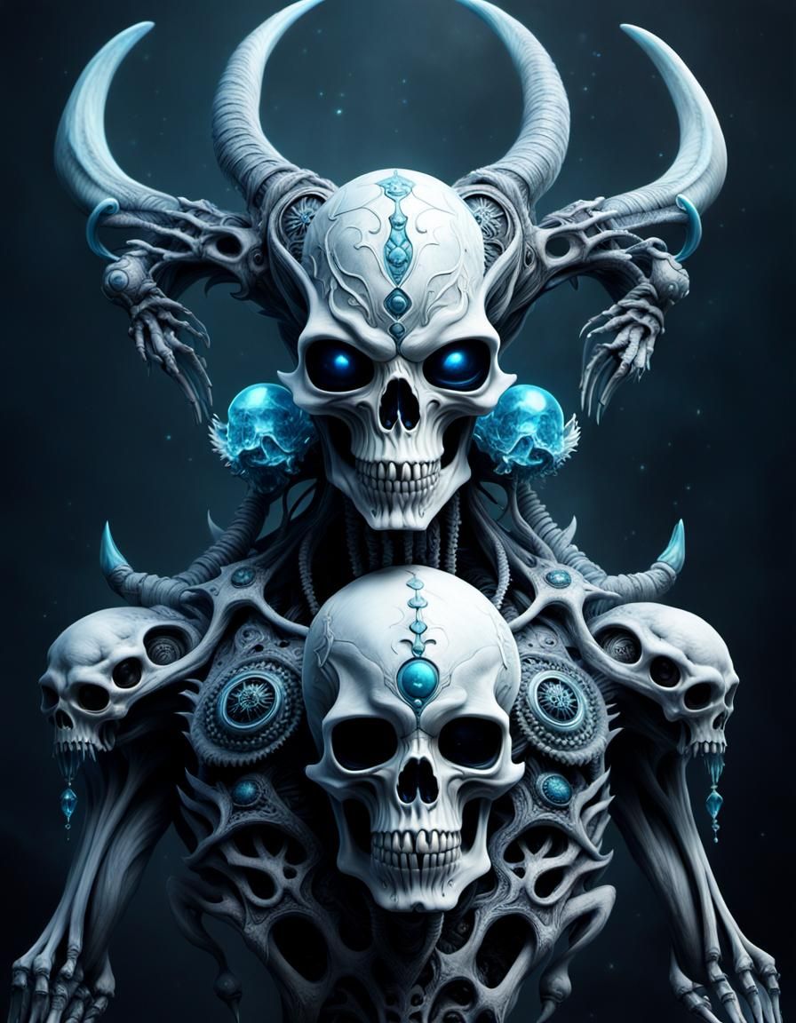 Alien Portrait with Icy Skull in Biopunk Style