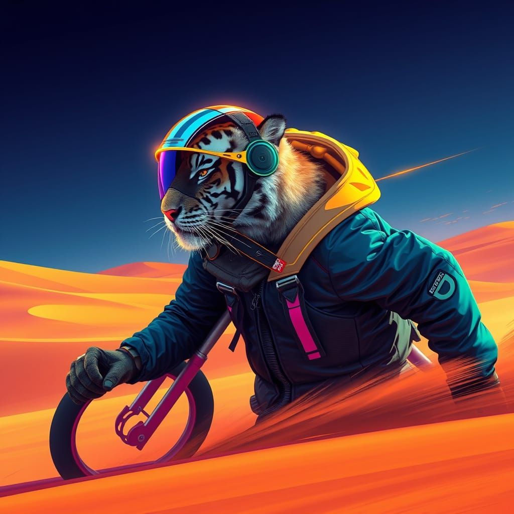 Cyberpunk Tiger Speeds Across Futuristic Desert