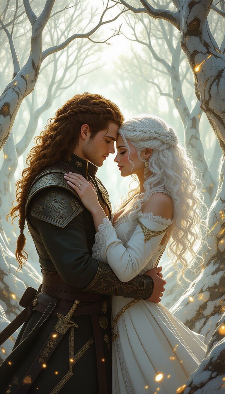 Warrior and Witch Embrace in Crystal Forest