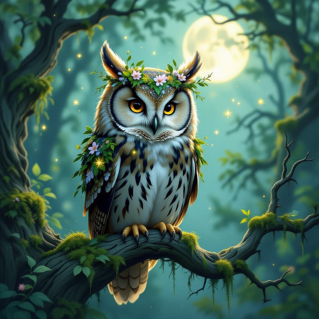 Owl with Vine Crown in Mystical Moonlight Grove