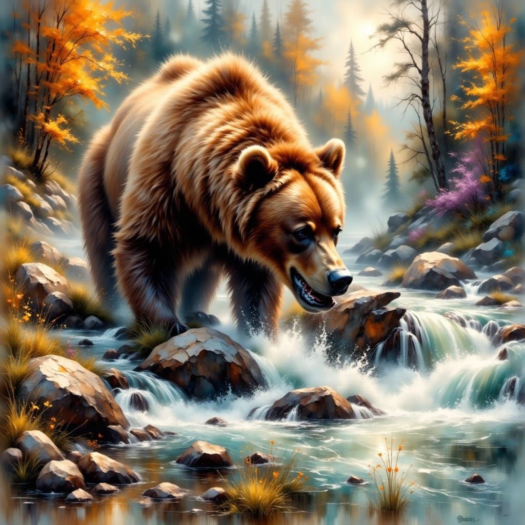 Brown Bear Salmon Hunt in Impressionist Style