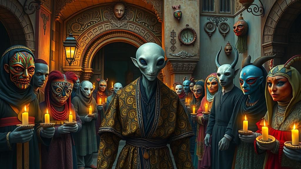 Alien in Tangier: Surrealist Street Scene with Masks