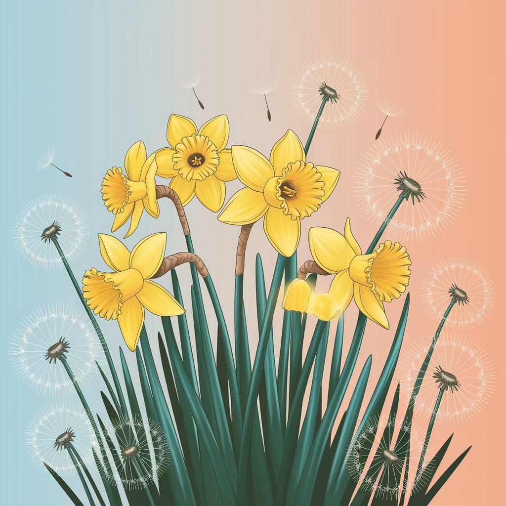 Golden Daffodils and Whimsical Dandelions in a Soft Pastel L...