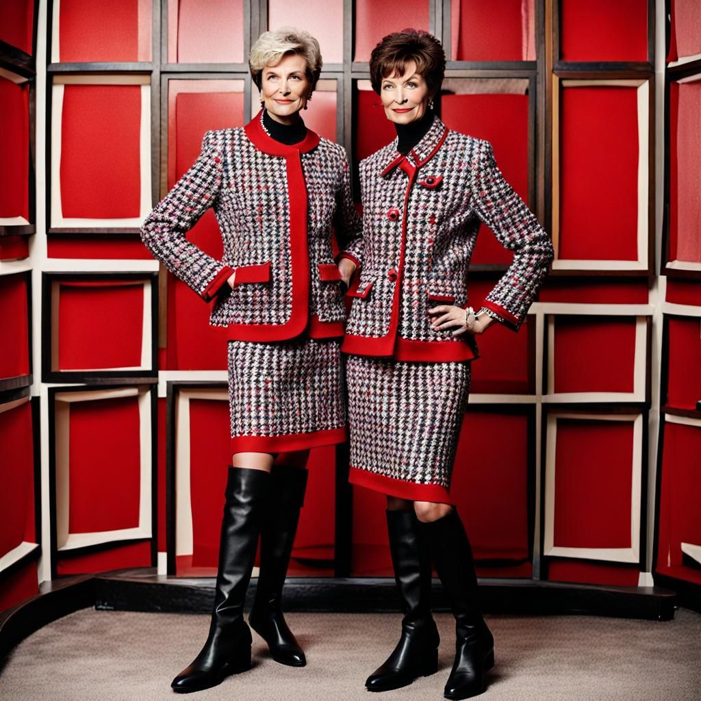 Three Stylish Women in Tweed Suits and Boots