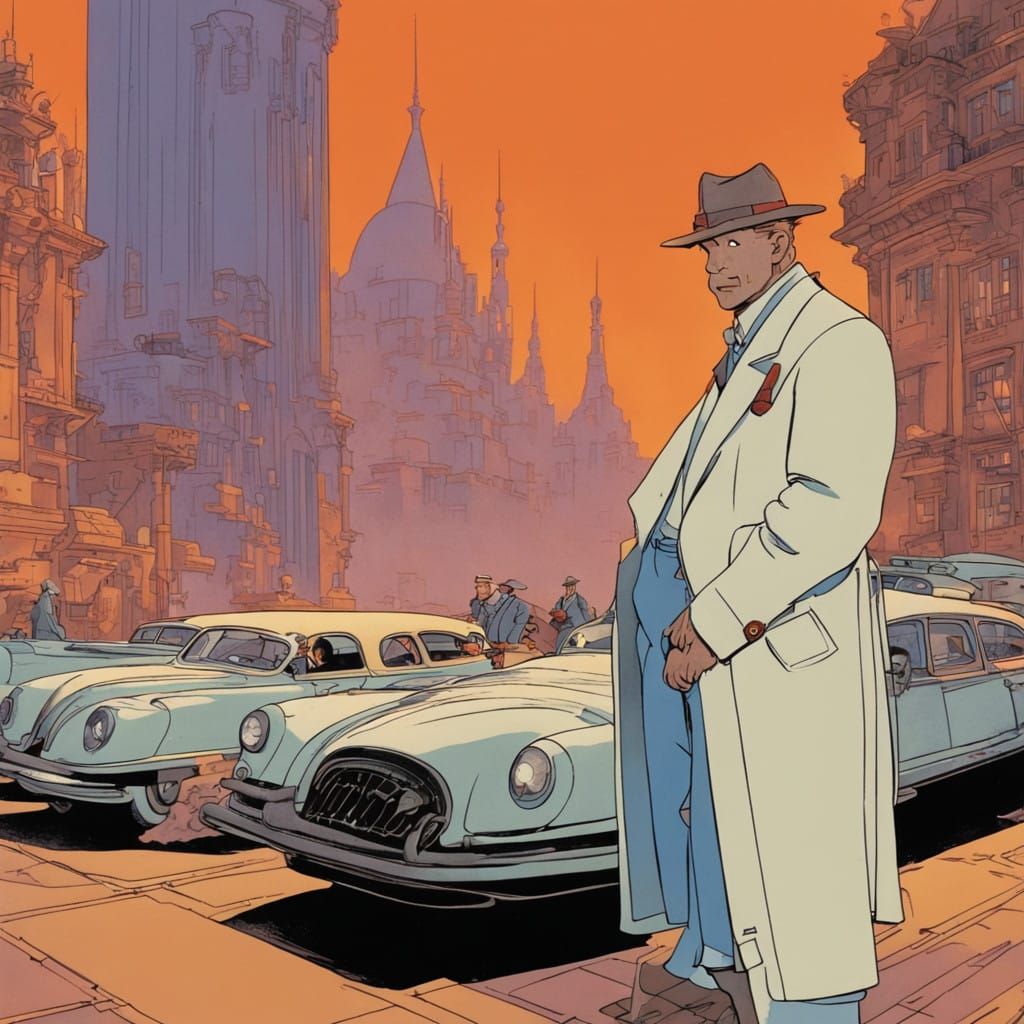 Heroic Young Adventurer Stands Tall in a Misty, Art Deco Cit...