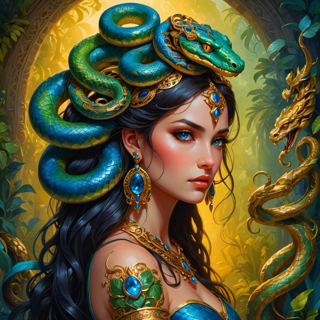 Woman Adorned with Snake in Fiery Setting