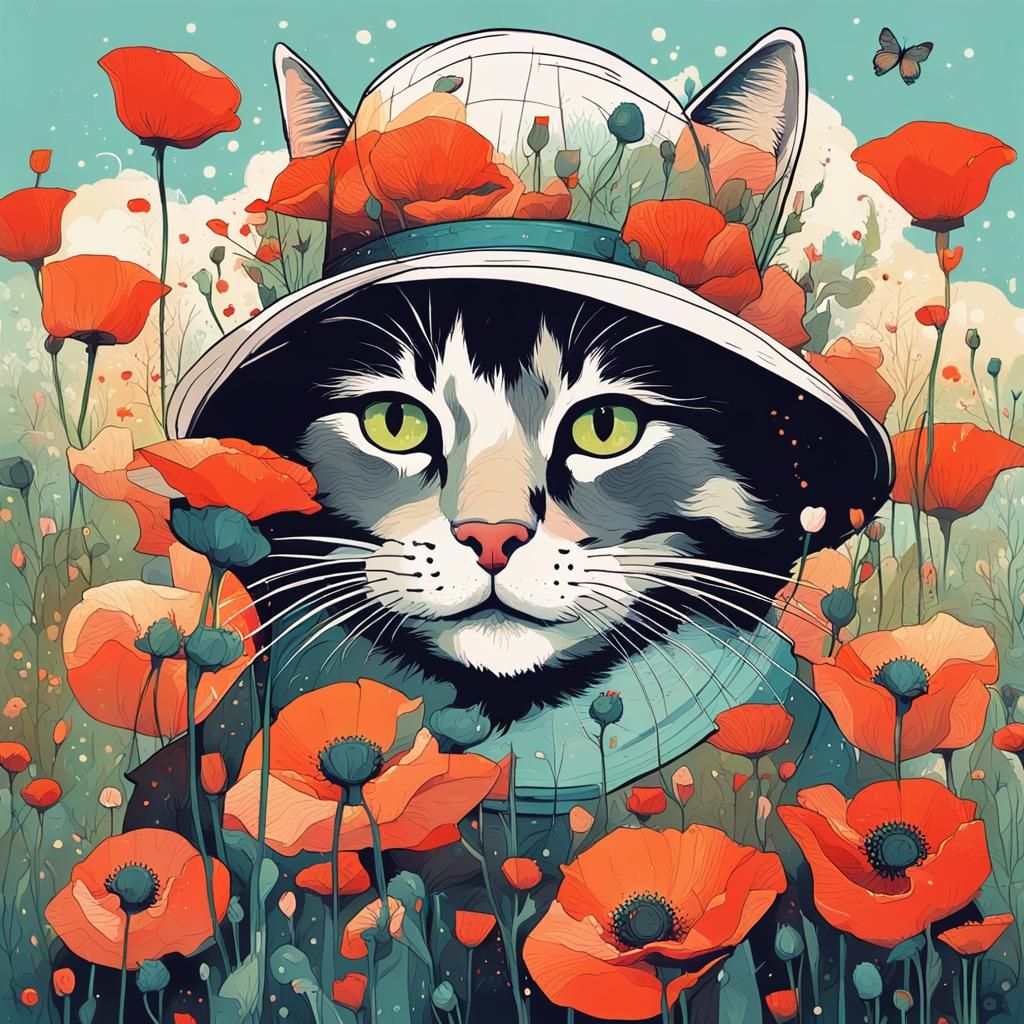 Cat in Poppy Garden: Dreamy Vector Illustration