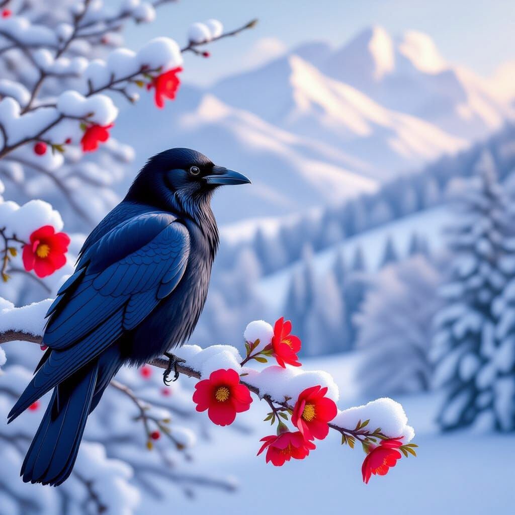 Crow on Snowy Branch with Red Flowers in Winter Wonderland