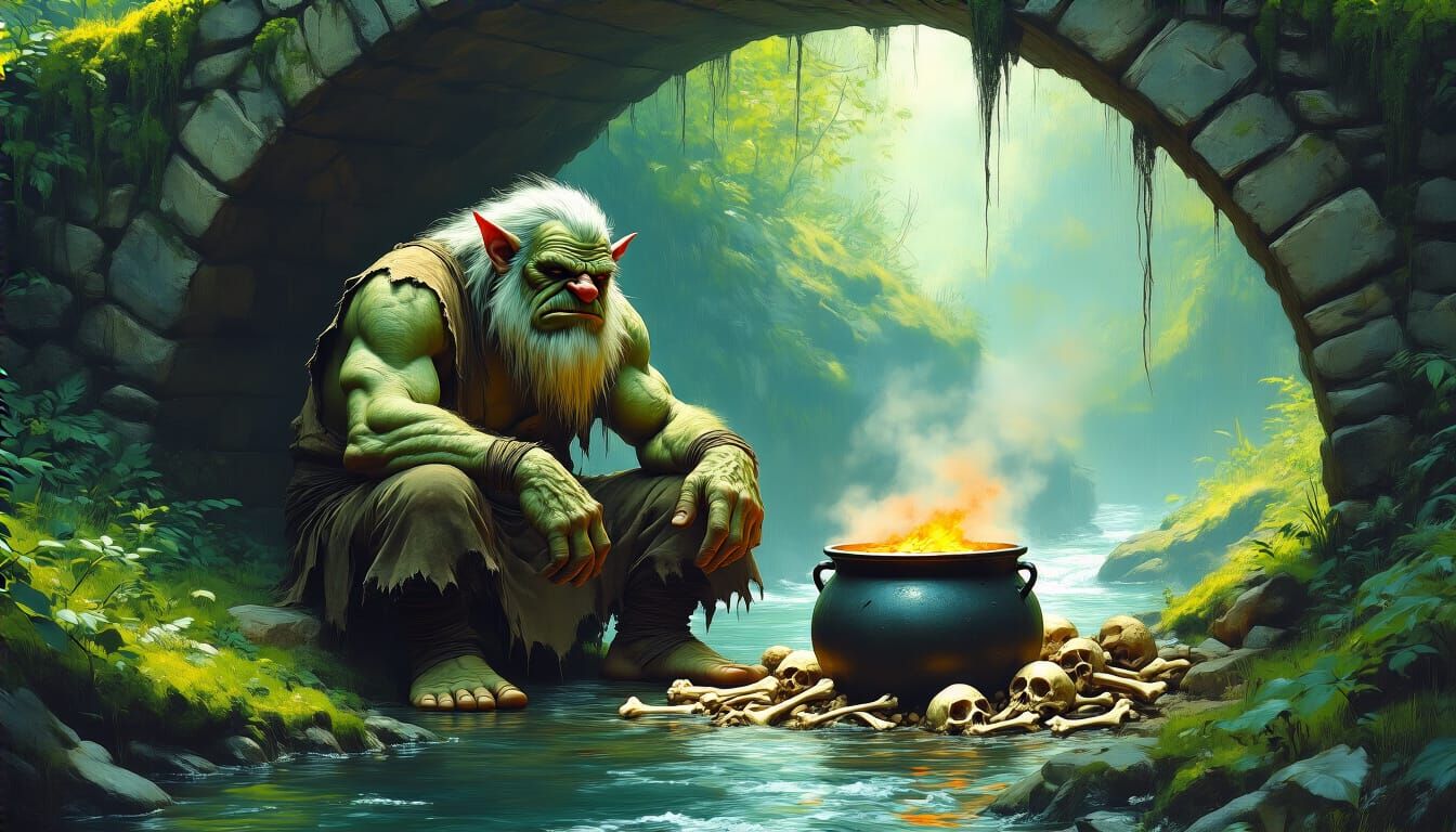 Mossy Bridge Troll with Cauldron, Fantasy Art