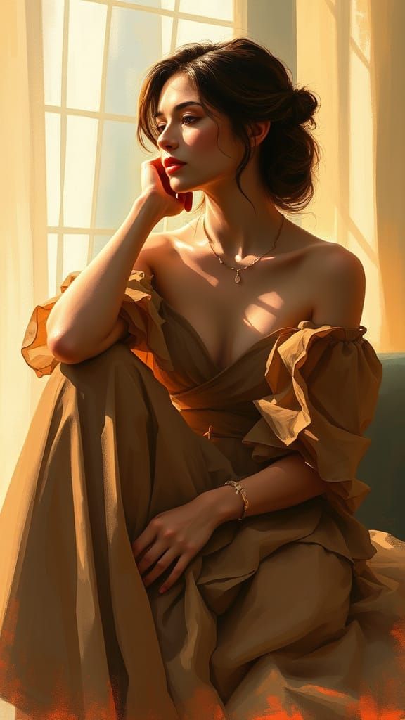 Contemplative Woman in Warm Light, Expressive Brushstrokes