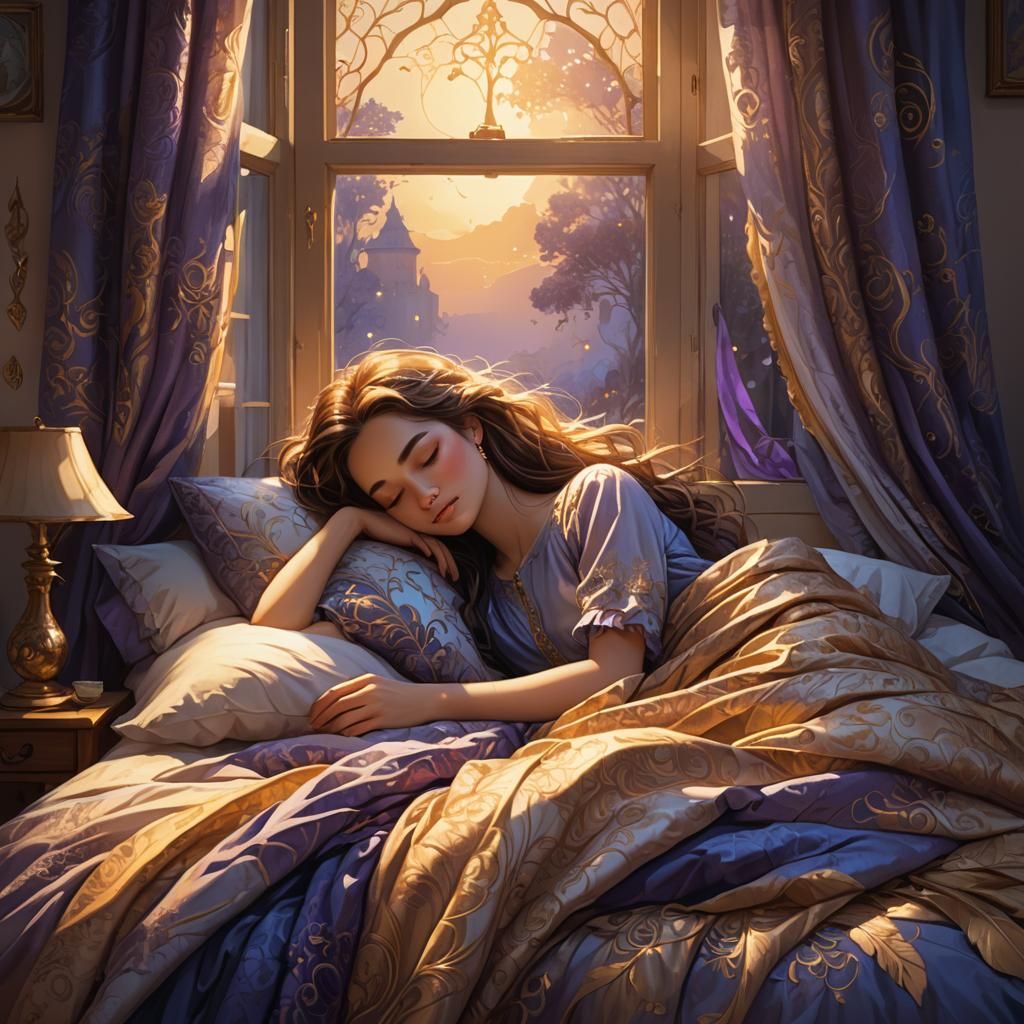 Whimsical Fantasy: Girl Sleeping in Golden Light